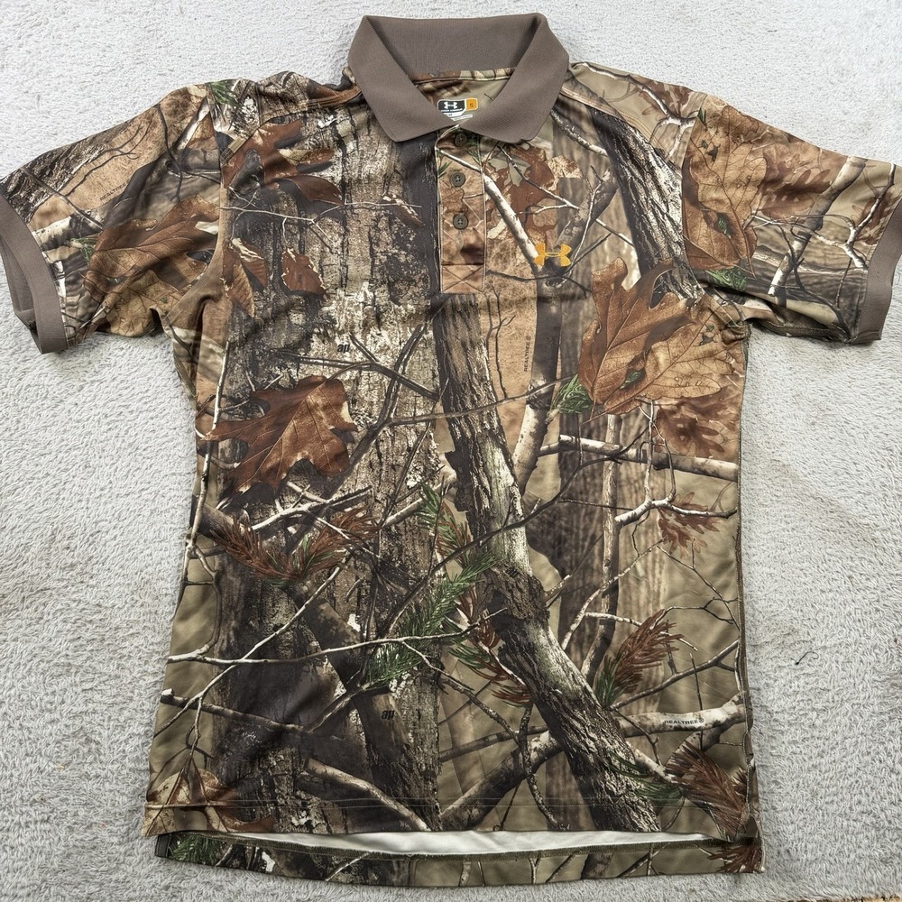 Under Armour Polo Mens Small Regular Realtree Camo Stretch Short Sleeve Hunting